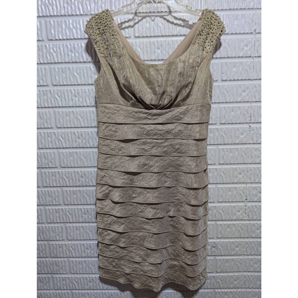 Jessica Howard Women's Gold Beaded Shoulder Sleeveless Scoop Neck Midi Dress Siz
